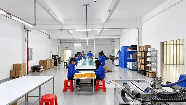 Staff assembling boxes by hand at long benches in the finishing room