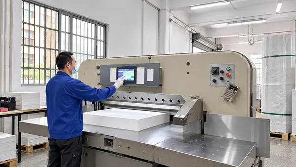 Worker setting a program-controlled paper cutter