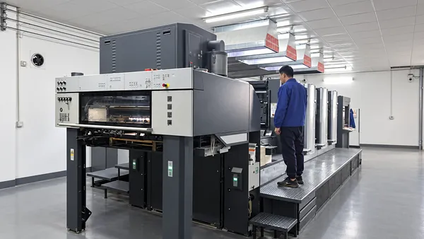 Sheet-fed offset press with an operator on the platform