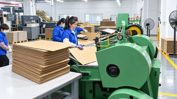 Workers feeding board into a green platen die-cutter