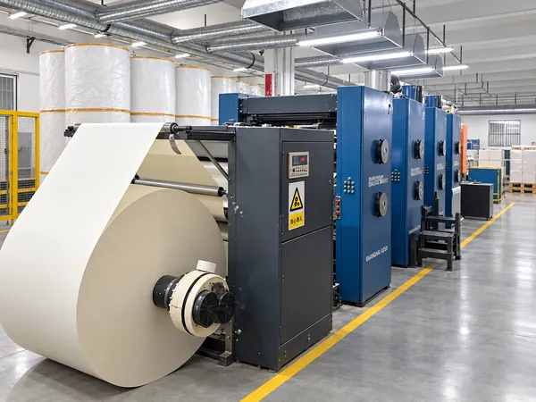 Printing machine with a paper roll in the foreground