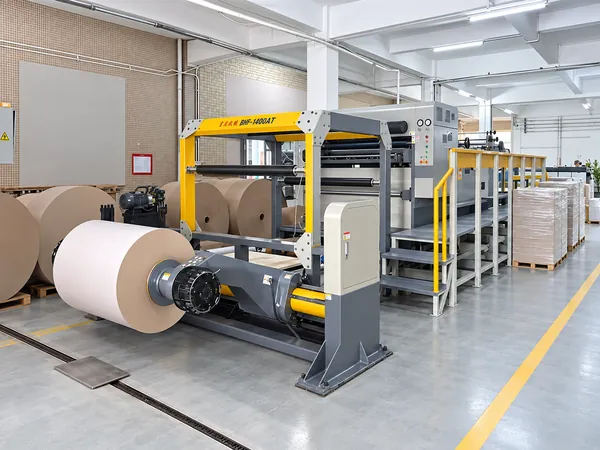 Paper cutting machine fed from large paper rolls