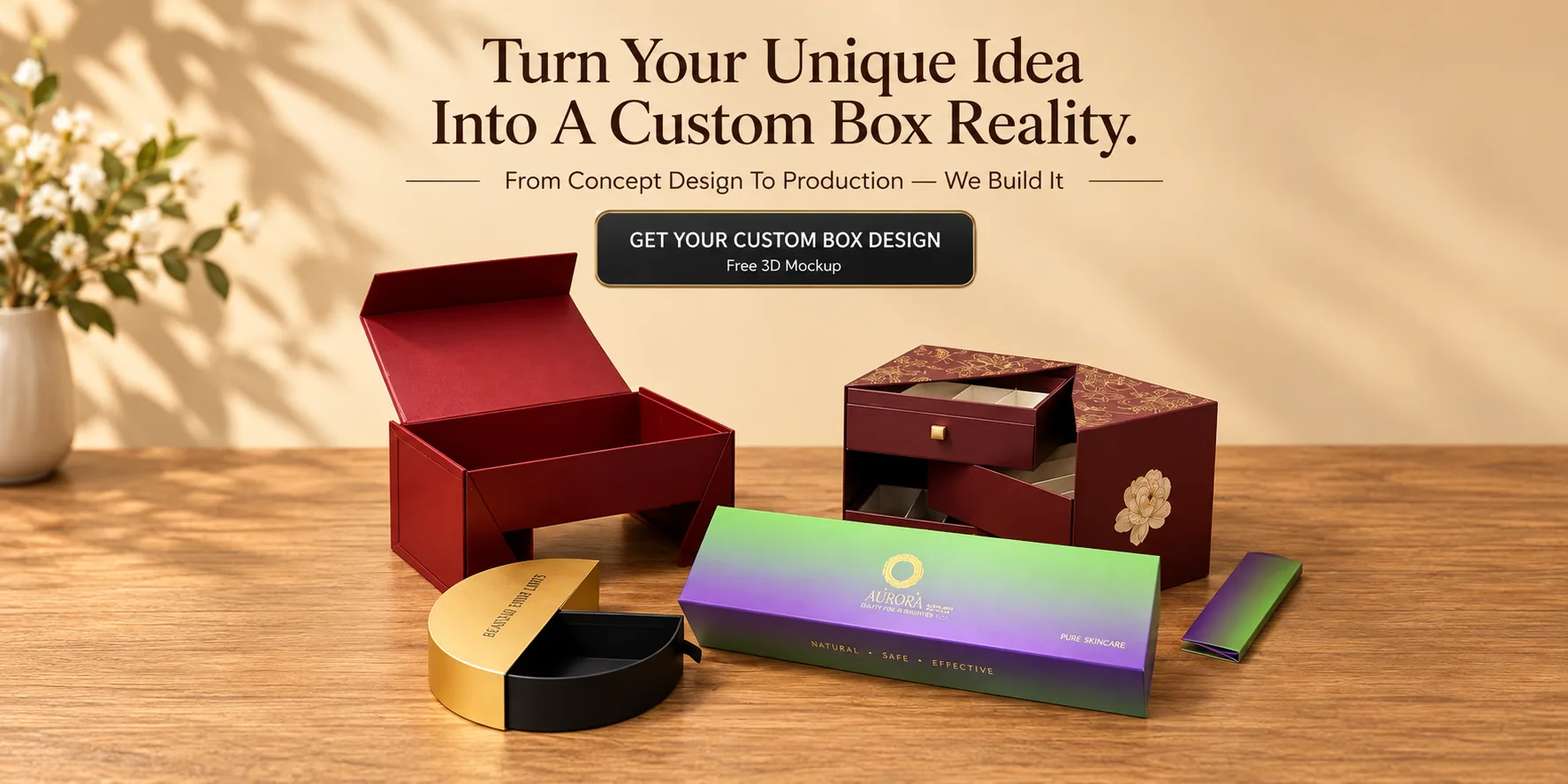 Turn Your Unique Idea Into A Custom Box Reality — open red gift box, layered drawer jewelry box, gradient skincare box and round box on a wood table