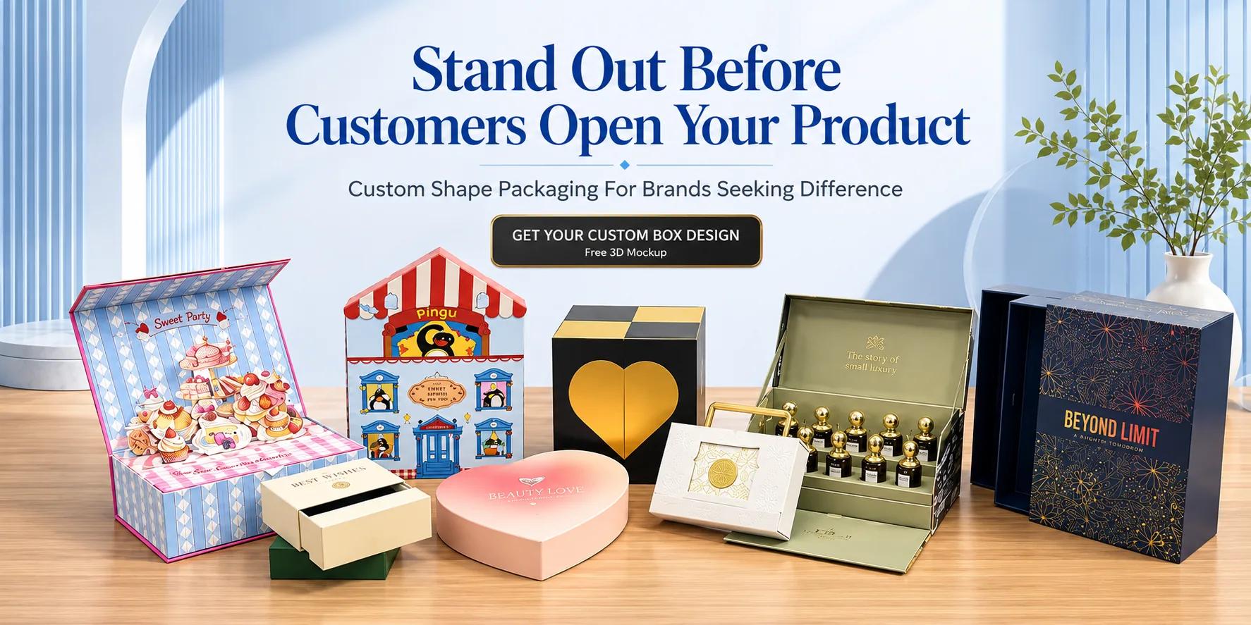 Stand Out Before Customers Open Your Product — custom shape gift boxes including a pop-up cake box, house-shaped box, heart box and perfume tray