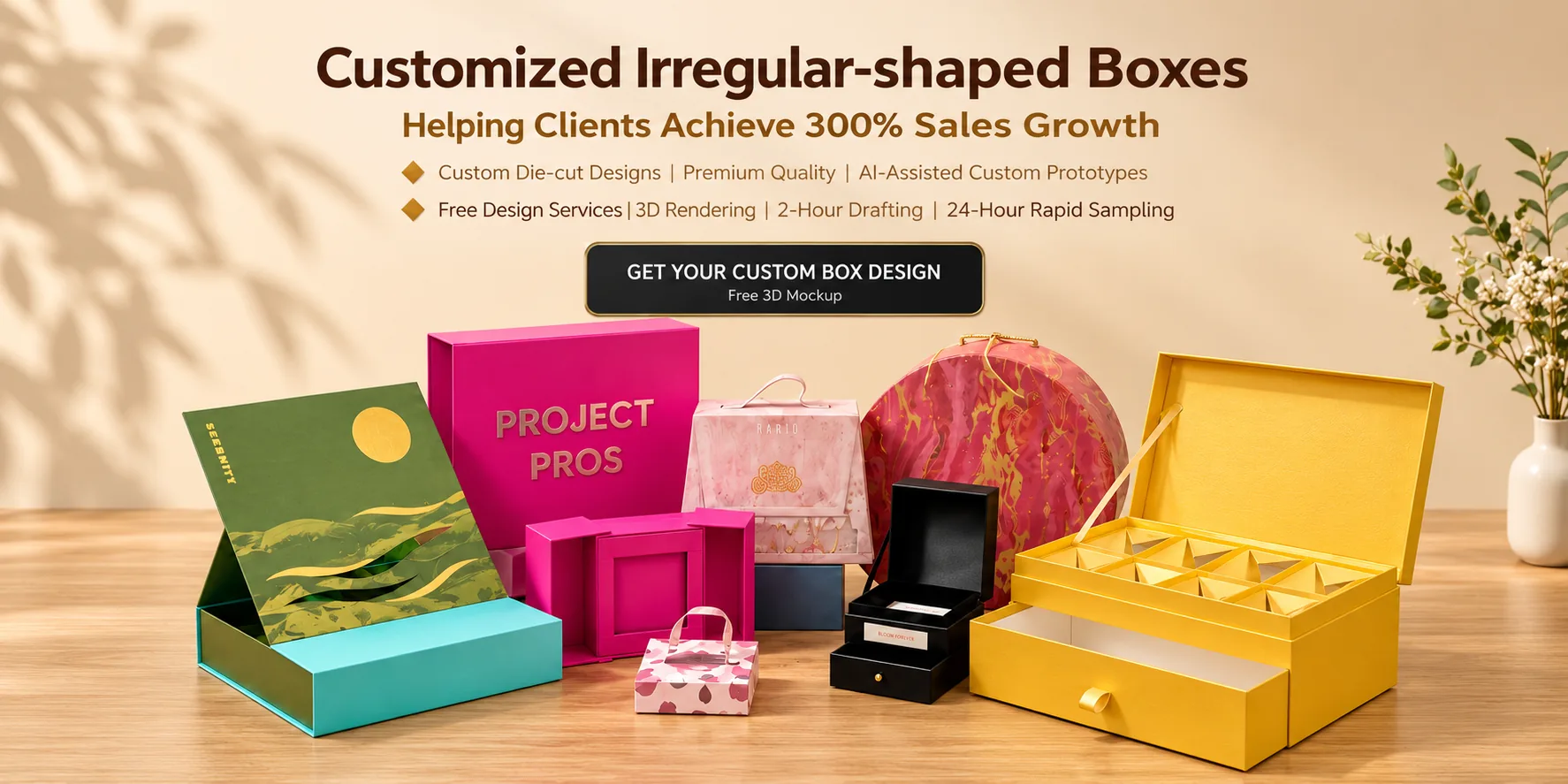 Customized Irregular-Shaped Boxes — assorted rigid boxes, a handbag-shaped box and a round hatbox on a wood table