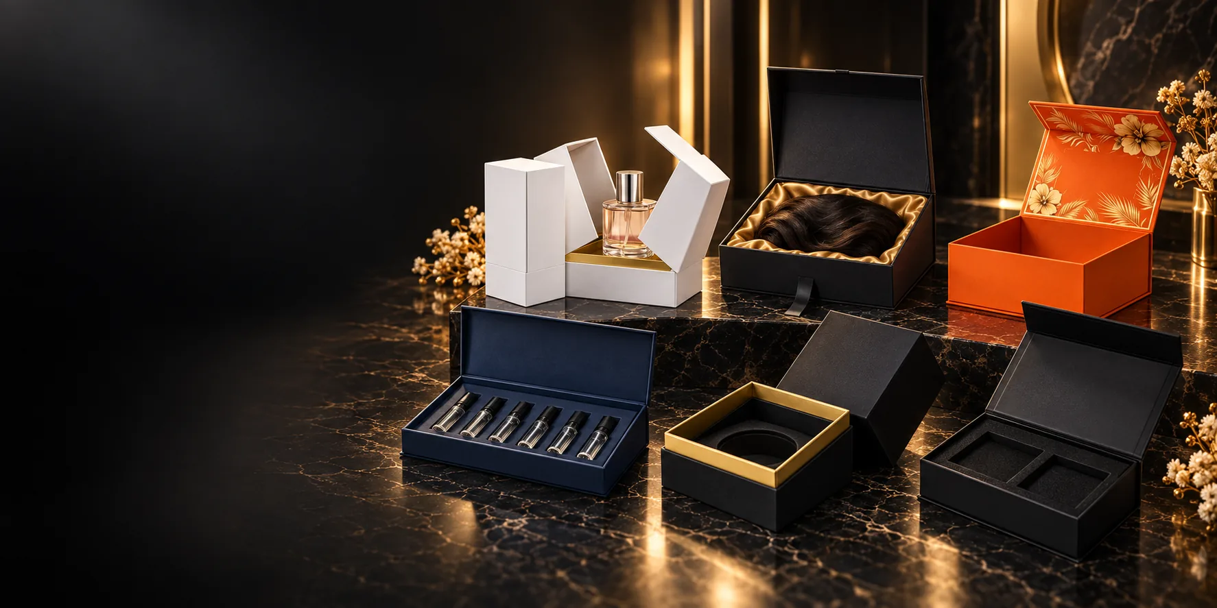 Custom box styles on dark marble: white double-door perfume box, satin-lined wig box, orange floral magnetic box, navy vial tray and black rigid boxes with gold inserts