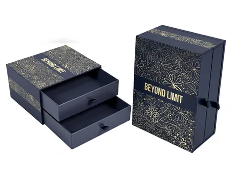 Navy Two-Drawer Box with Gold Floral Print by Xinhua Pack Legend