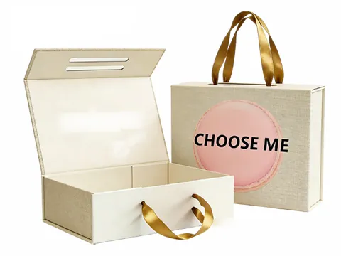 Beige Foldable Box with Gold Ribbon Handle by Xinhua Pack Legend
