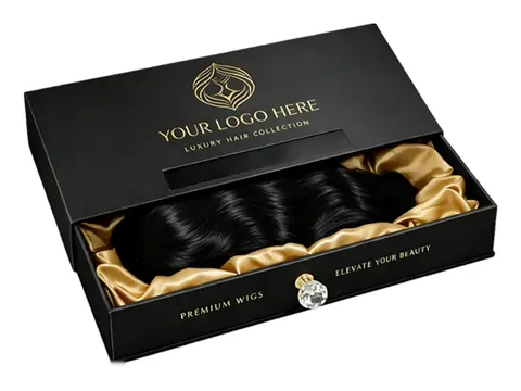 Black Drawer Box with Gold Satin for Black Wavy Hair by Xinhua Pack Legend