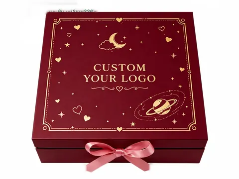 Burgundy Ribbon Box with Gold Star Print by Xinhua Pack Legend