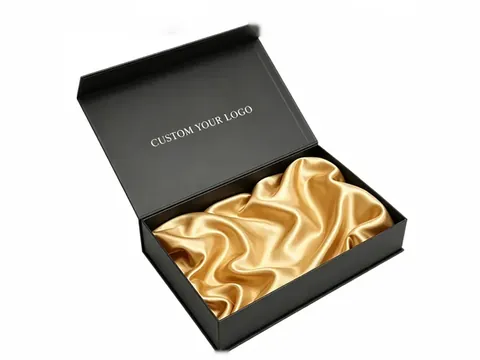 Black Flip-Top Box with Gold Satin · Satin lining by Xinhua Pack Legend