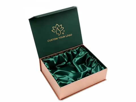 Square Green Satin Box with Gold Logo by Xinhua Pack Legend