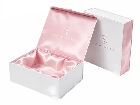 White Flip-Top Box with Pink Satin · Satin lining by Xinhua Pack Legend