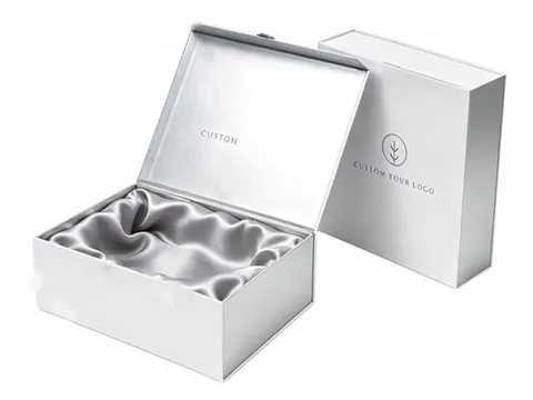 White Flip-Top Box with Silver Satin · Satin lining by Xinhua Pack Legend