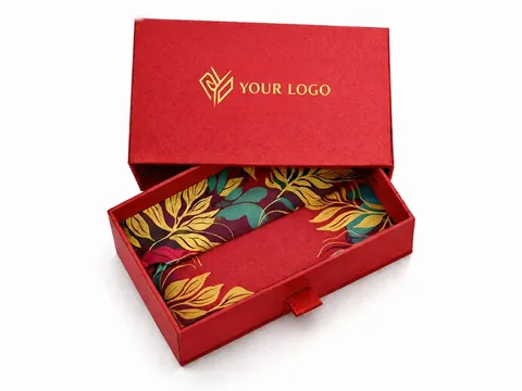 Red Drawer Box with Leaf Print Lining by Xinhua Pack Legend