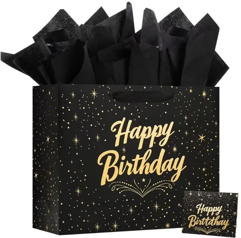 Black Birthday Gift Bag with Tissue and Card by Xinhua Pack Legend